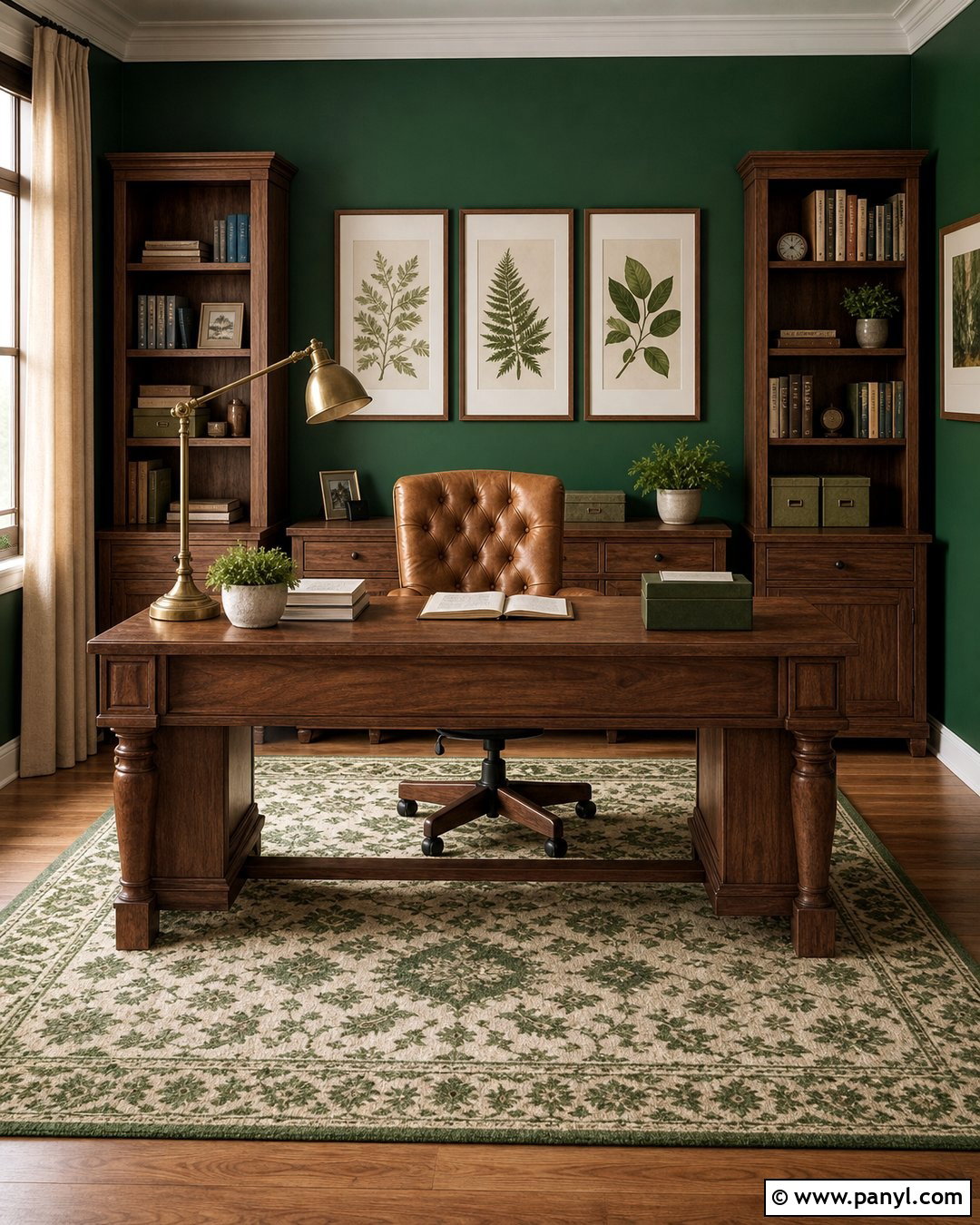 Emerald Green Home Office Wall With Wood Furniture - 35 emerald green wall ideas
