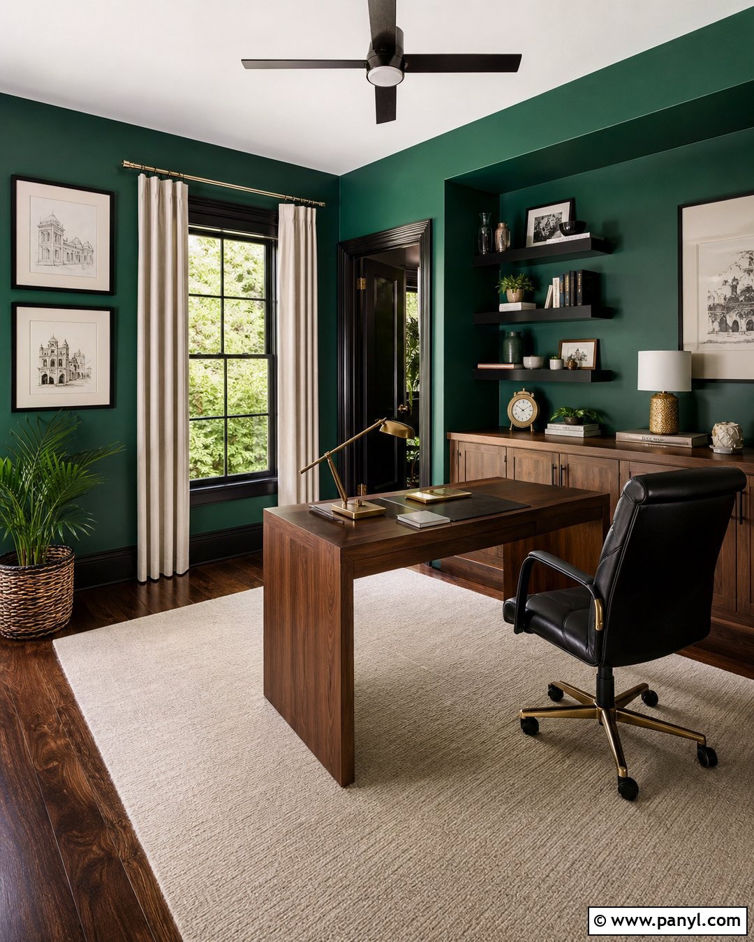 Emerald Green Home Office With Black Trim - 25 Green Walls With Black Trim Ideas