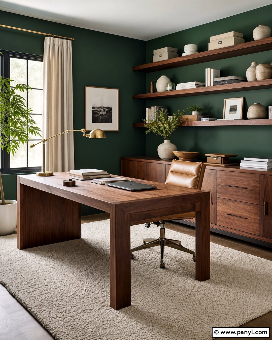 Emerald Green Home Office With Walnut Desk - 30 Emerald Green Wall Paint Ideas