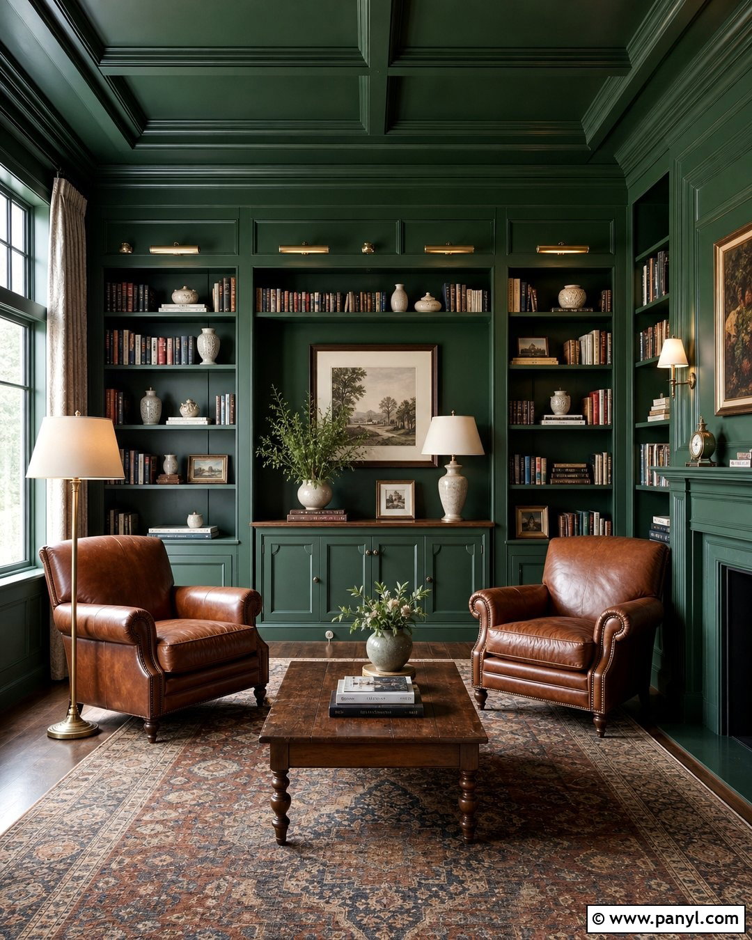 Emerald Green Library With Painted Shelves - 30 Emerald Green Wall Paint Ideas