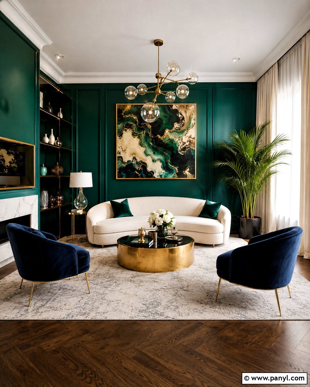 Emerald Green Living Room - 40 green wall room ideas