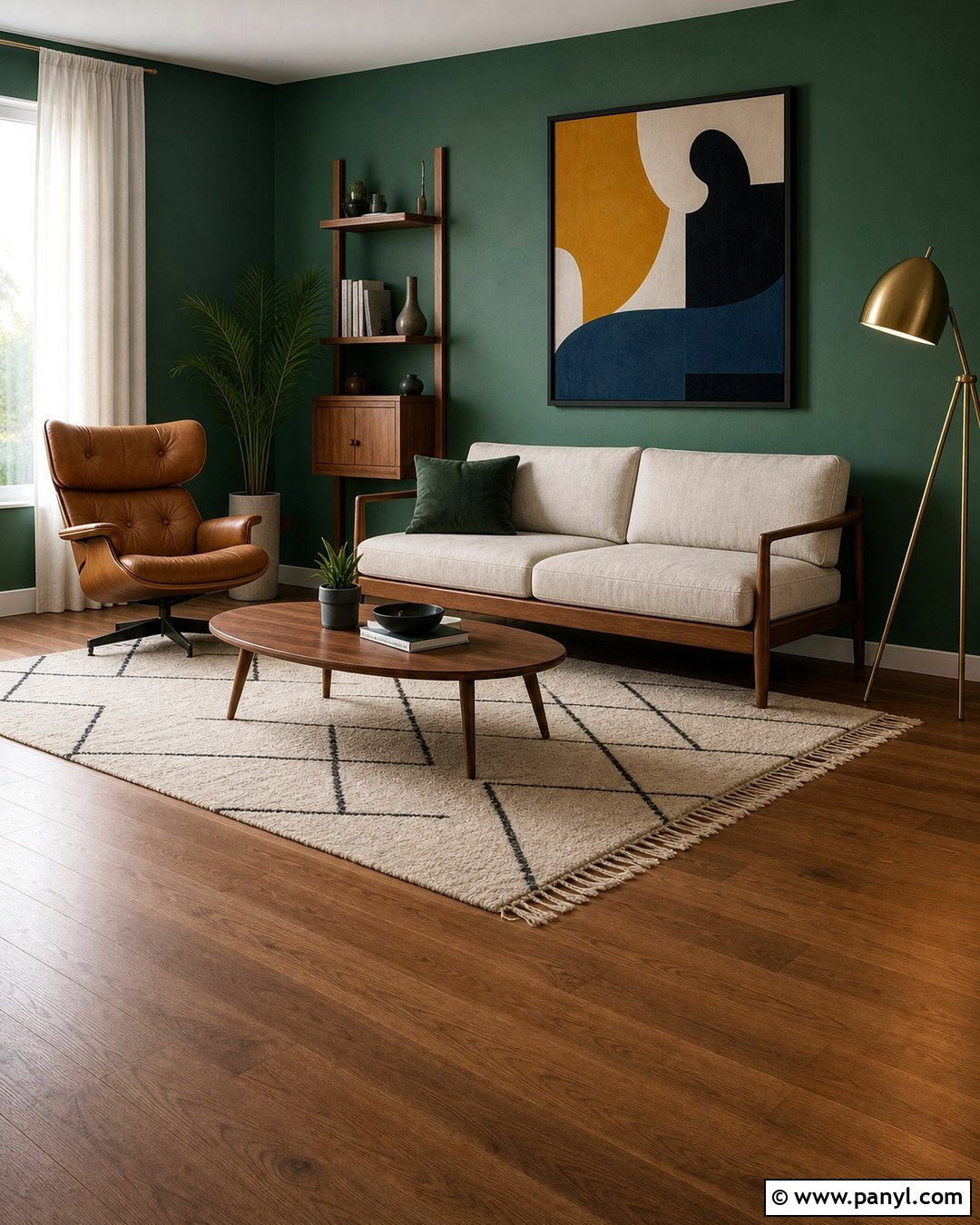 Emerald Green Midcentury Living Room - 30 Emerald Green Wall Paint Ideas