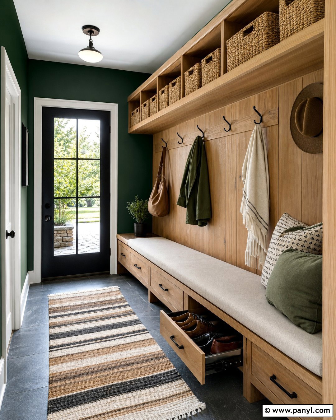 Emerald Green Mudroom With Wood Bench - 30 Emerald Green Wall Paint Ideas