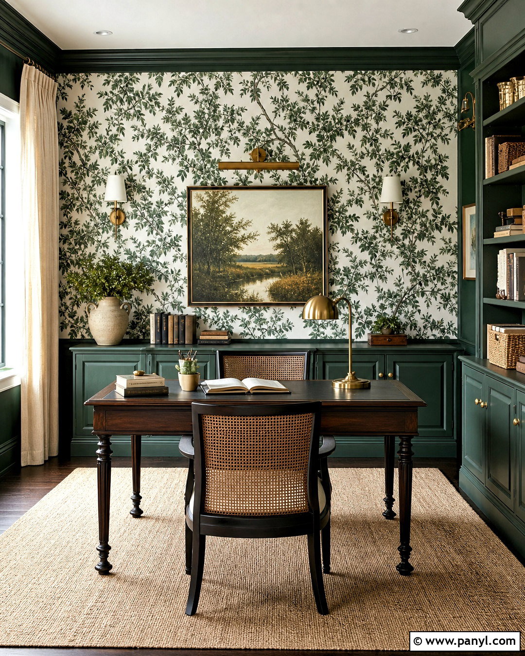 Emerald Green Office With Botanical Wallpaper - 20 emerald green office ideas