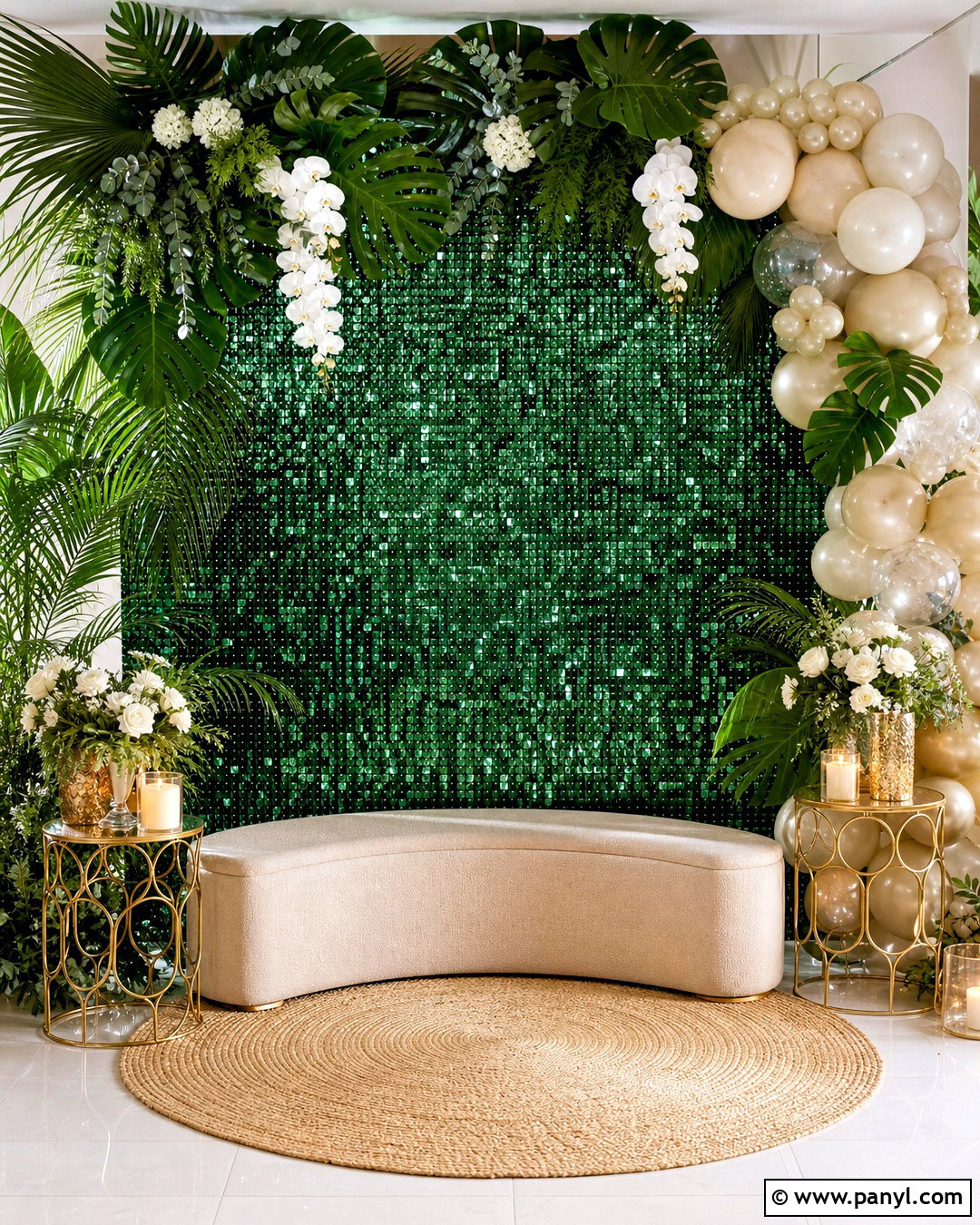 Emerald Green Sequin Wall Backdrop With Greenery - 20 sequin wall backdrop ideas