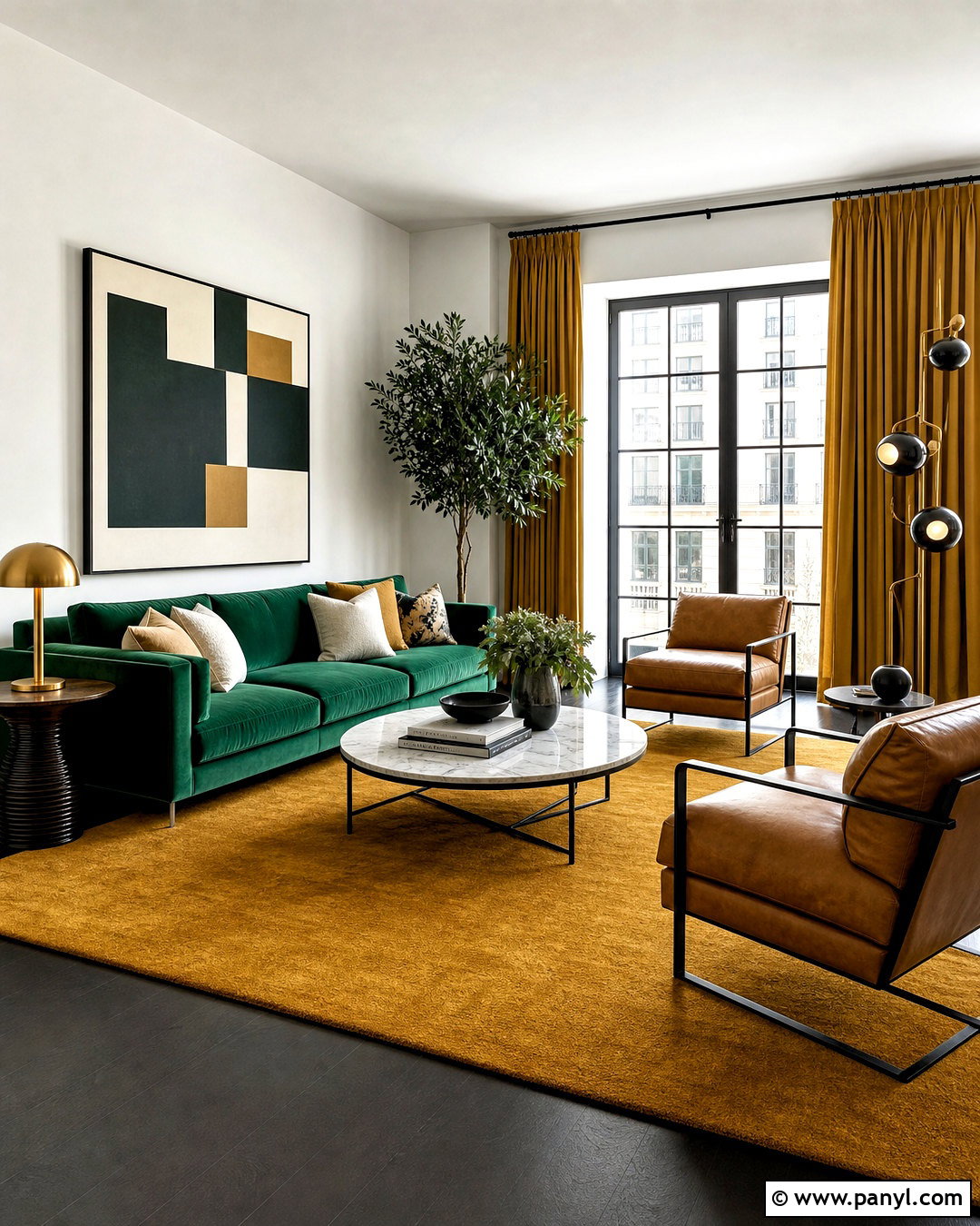 Emerald Green Sofa With Mustard Rug - 20 green and mustard living room ideas