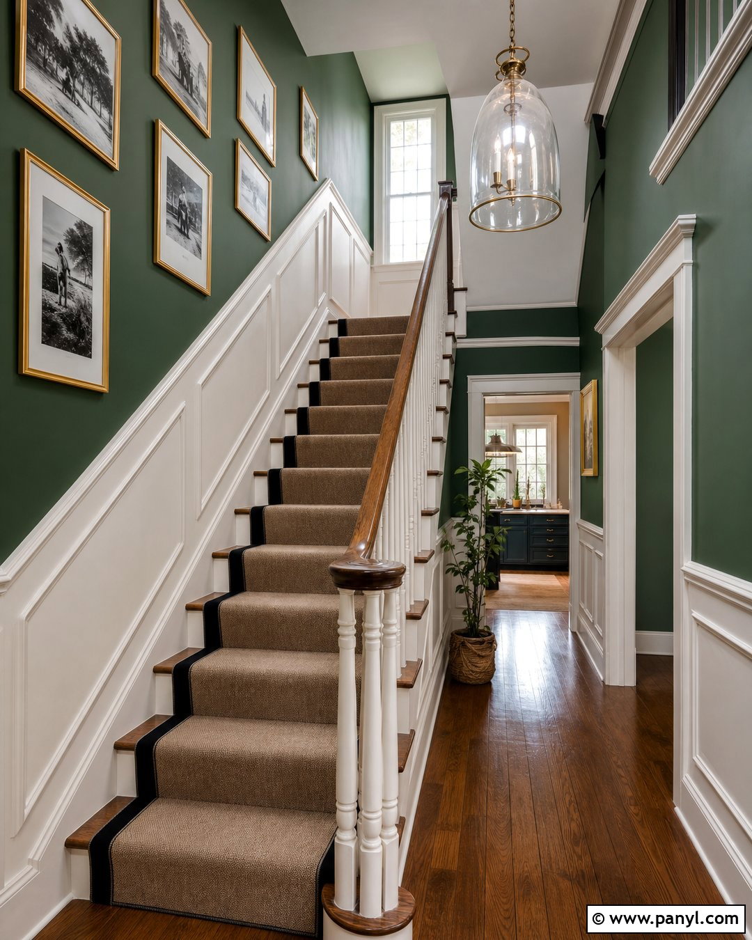 Emerald Green Staircase With White Wainscoting - 30 Emerald Green Wall Paint Ideas