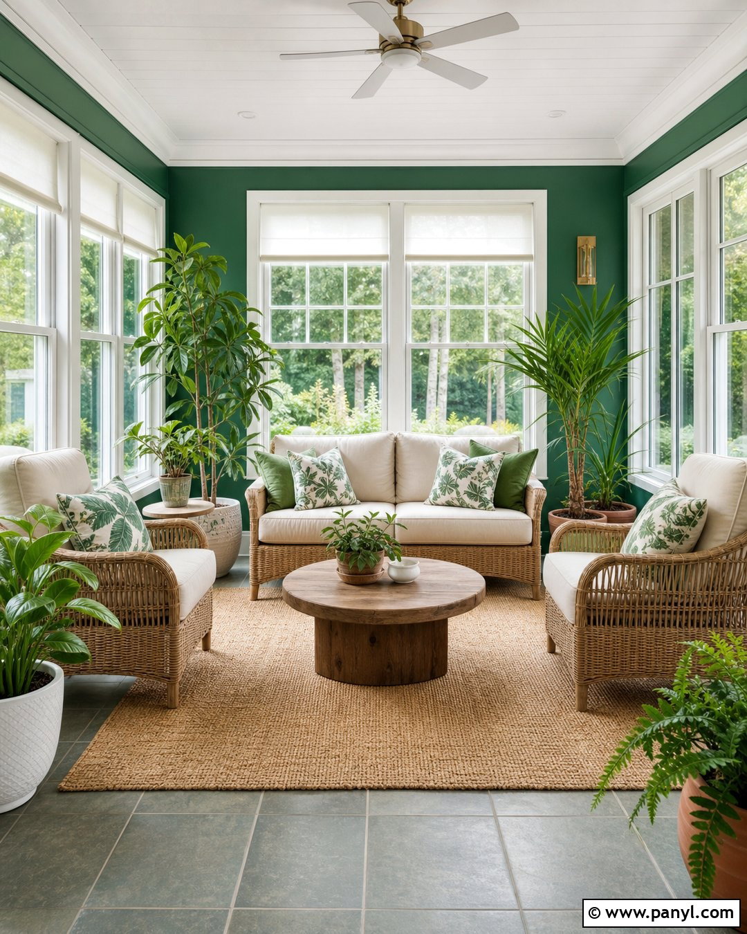 Emerald Green Sunroom With Wicker Furniture - 30 Emerald Green Wall Paint Ideas