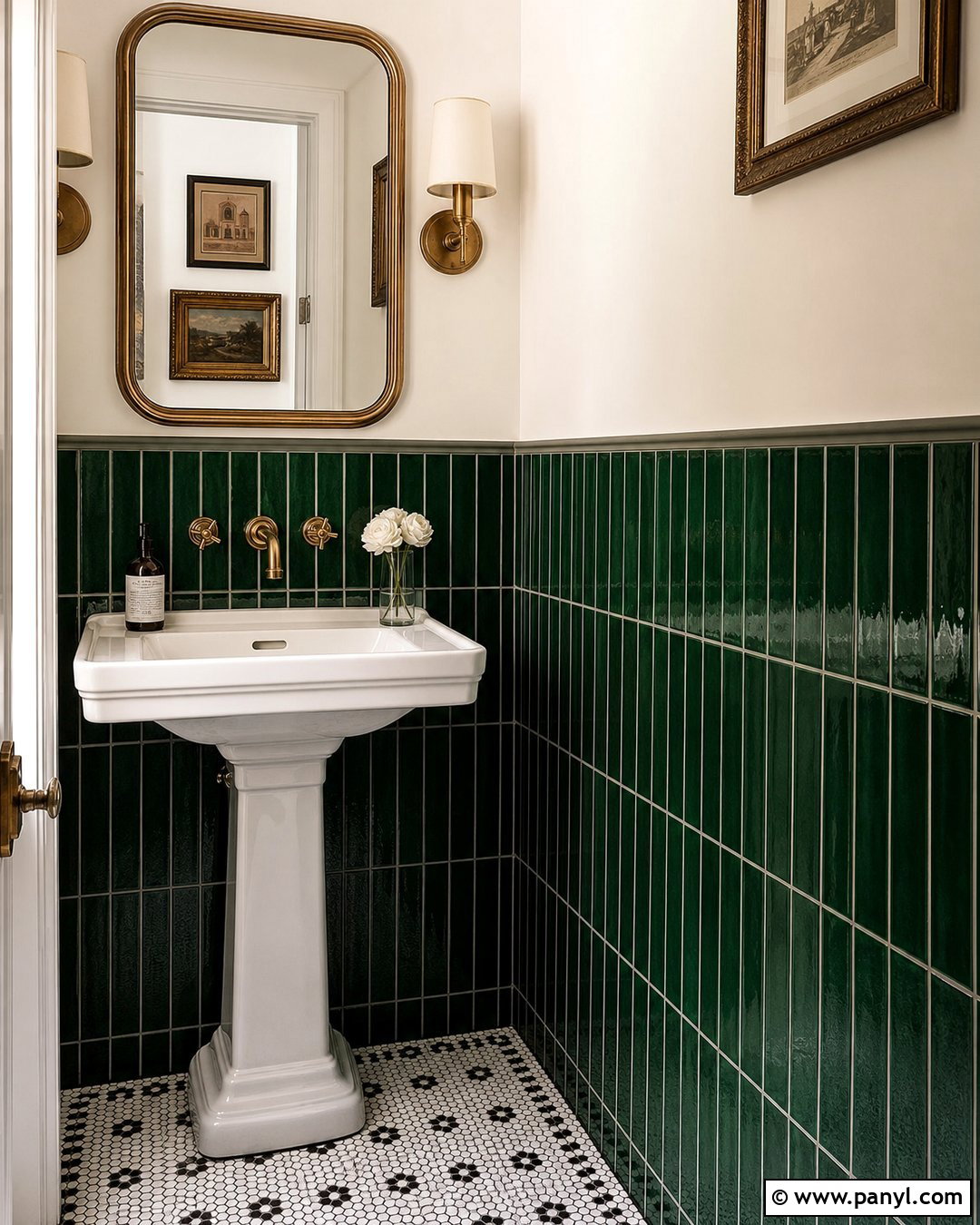 Emerald Green Tile And White Powder Room Wall - 25 Half Green Half White Wall Ideas