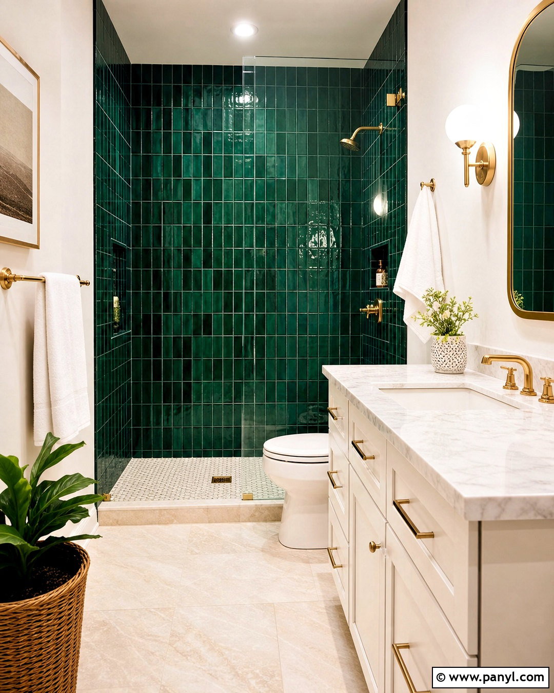Emerald Green Tile Bathroom With Brass Fixtures - 20 green bathroom design ideas