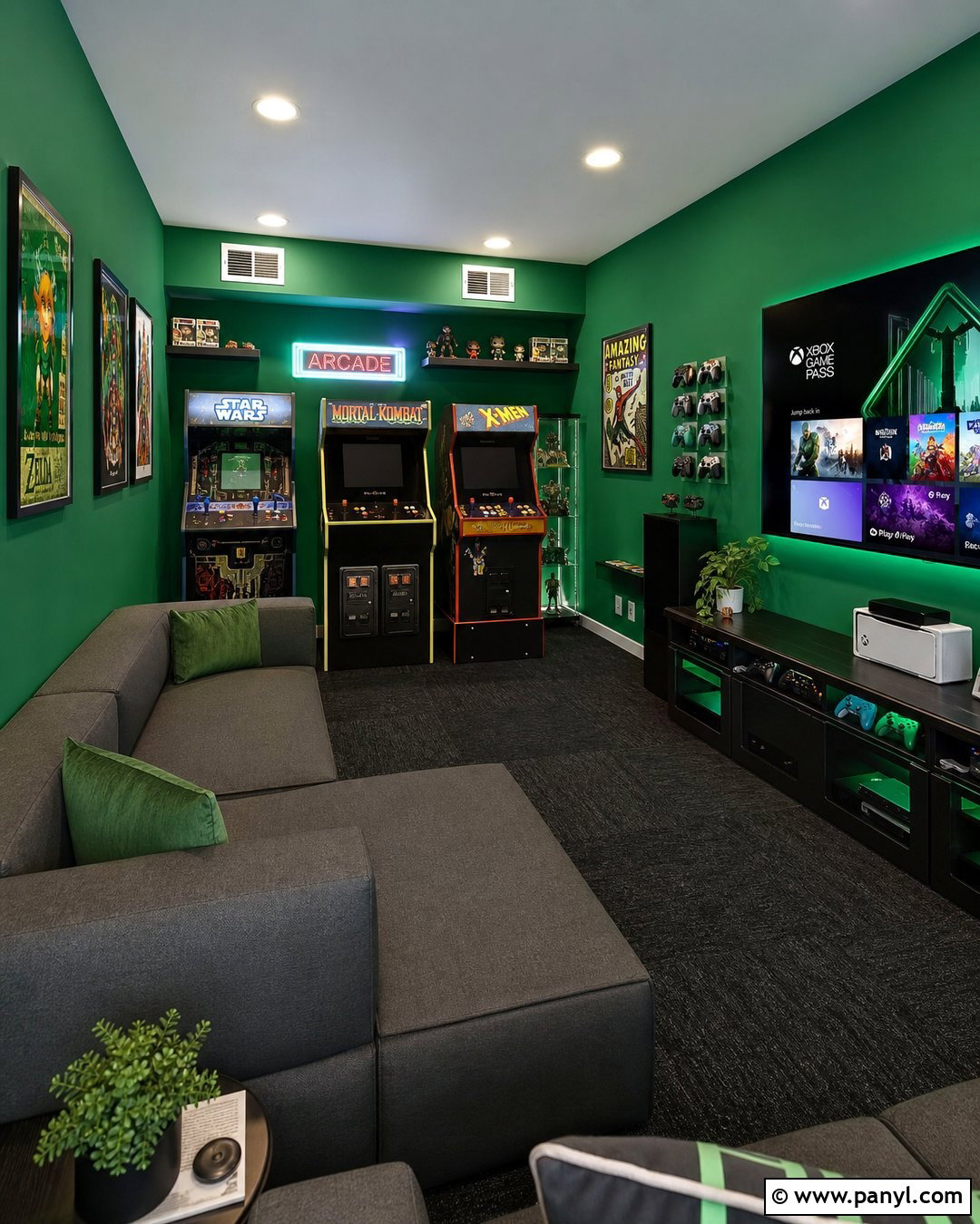 Emerald Green Wall Arcade Room - 20 Green Wall Game Room Ideas