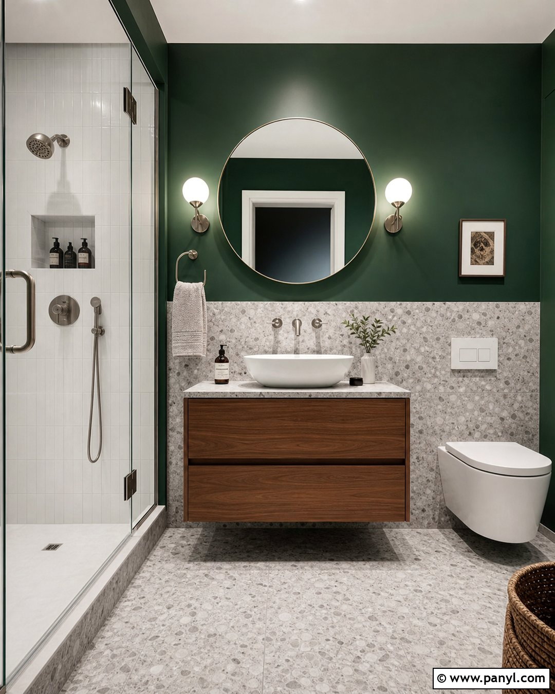 Emerald Green Walls With Gray Terrazzo Tiles - 20 Grey Tiles Green Walls