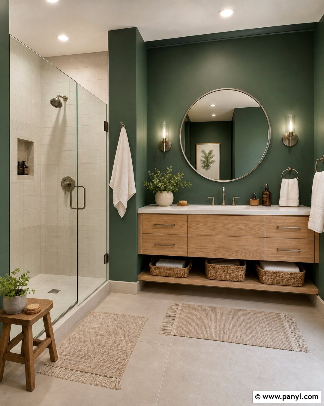 Emerald Green Walls With Natural Wood Vanity - 25 Emerald Green Bathroom Walls