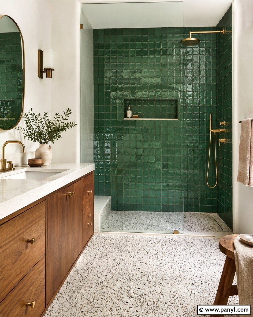 Emerald Green Zellige Shower Wall - 20 Green Tile Accent Wall Ideas