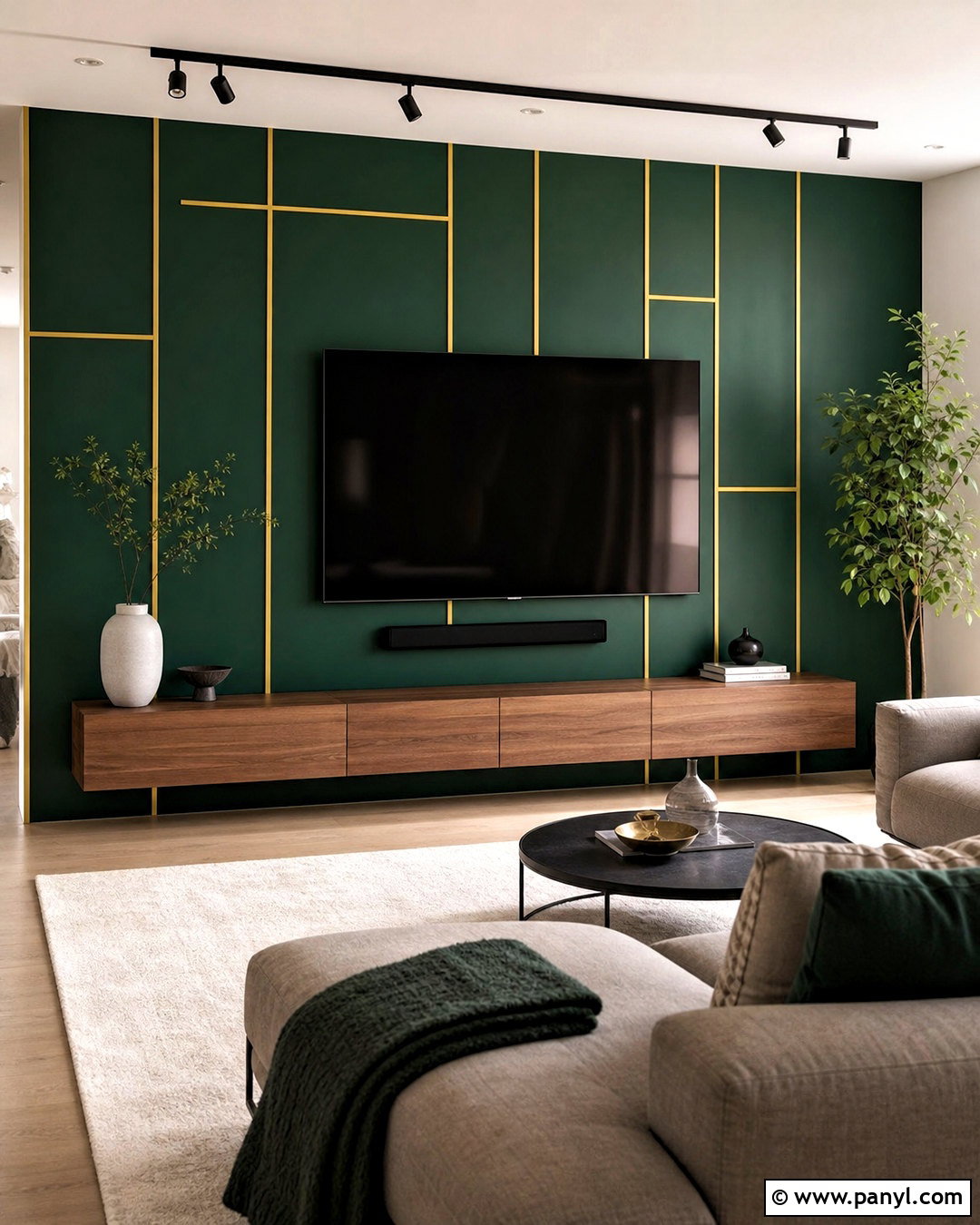 Emerald TV Wall With Asymmetrical Gold Strips - 20 golden strips on wall ideas