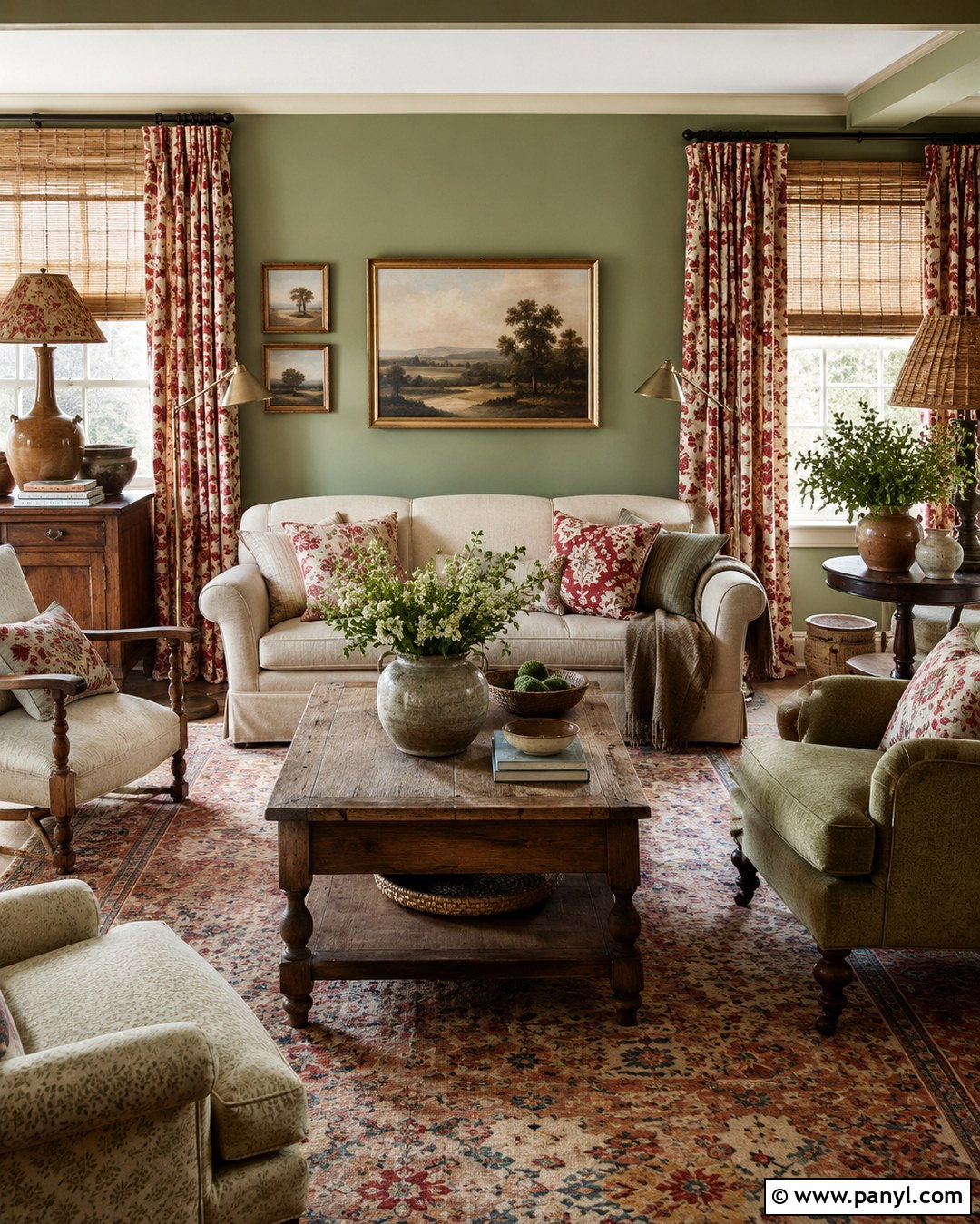 English Cottage Green Room With Floral Red Curtains - 20 Green Walls Red Curtains