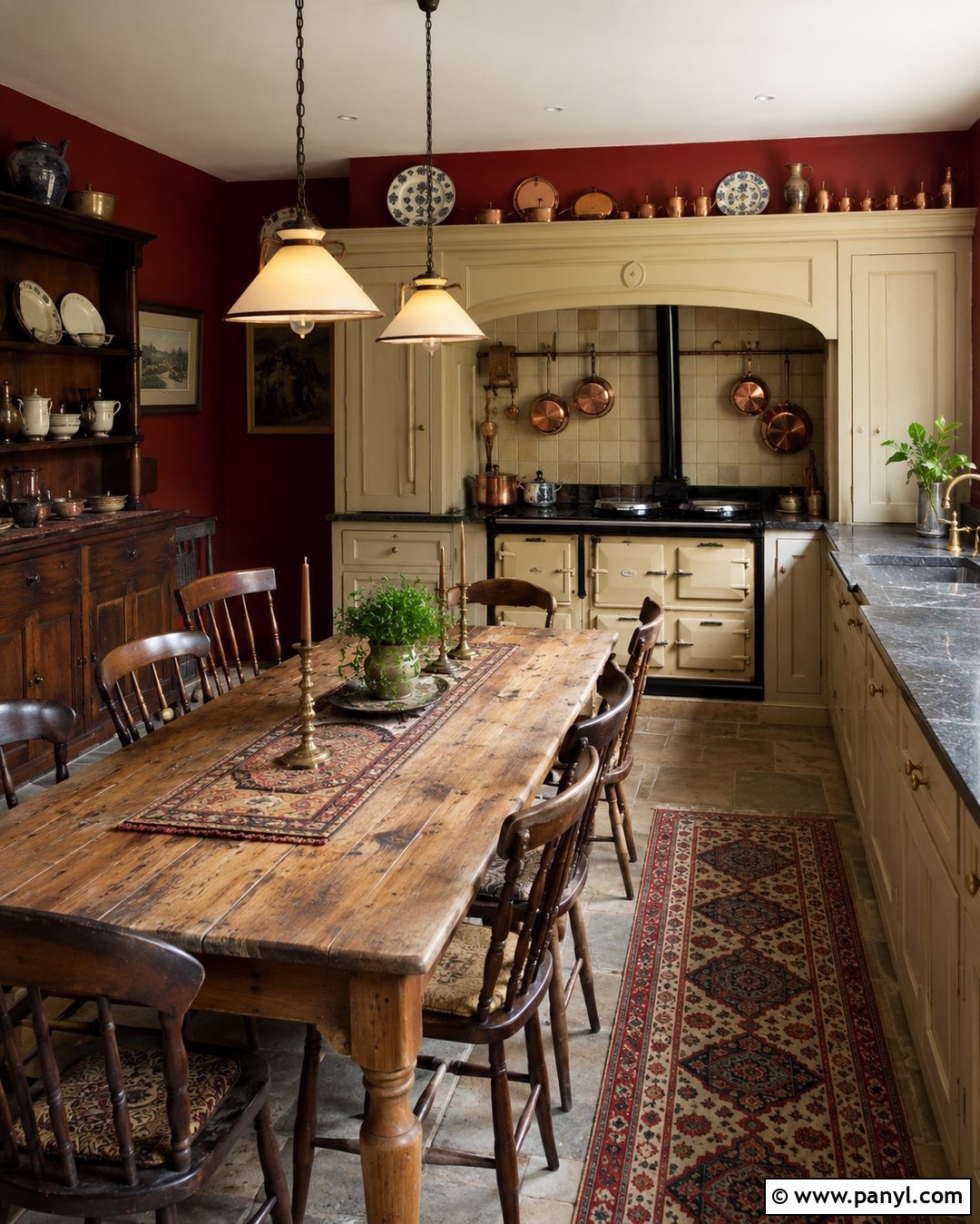 English Country Vintage Kitchen With Oxblood Walls - 20 Vintage Kitchen With Red Walls