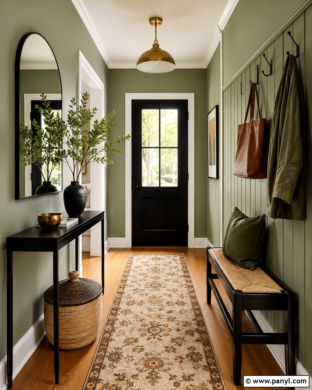 Entryway With Sage Green Walls And Black Console - 20 Sage Green Walls With Black Furniture Ideas