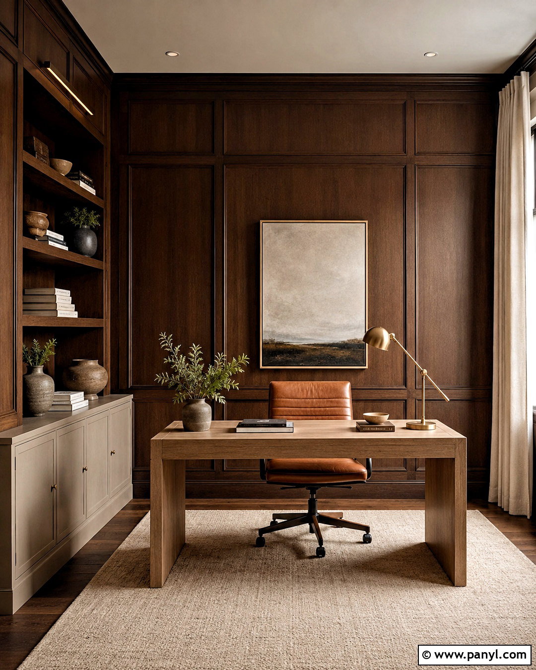 Espresso Paneled Home Office - 20 dark paneled walls