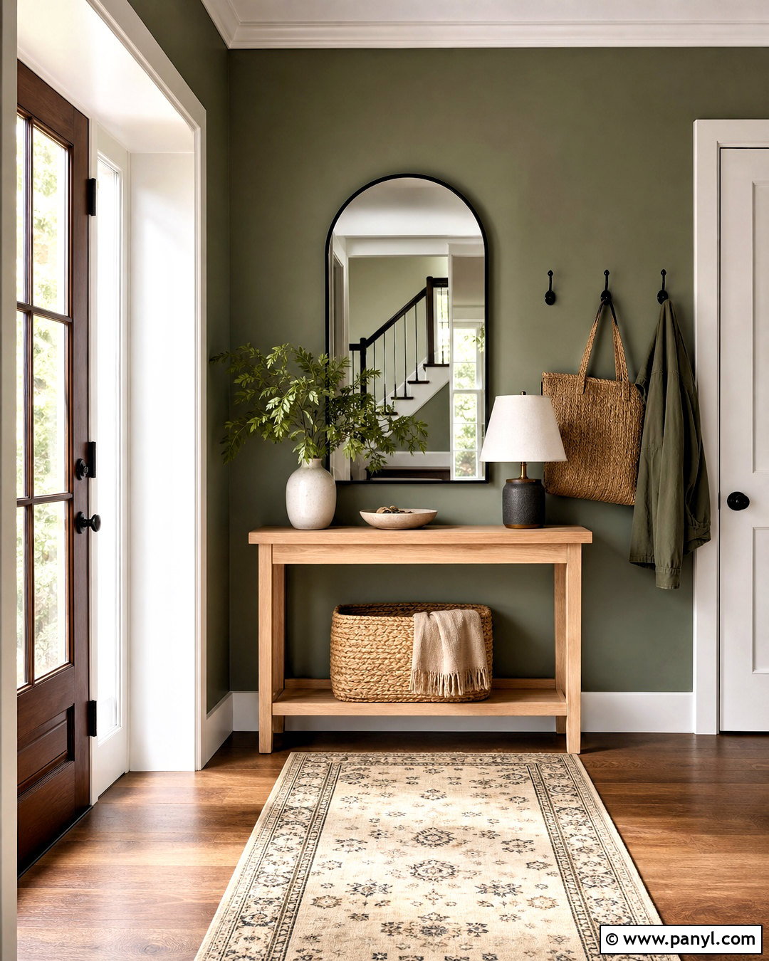 Eucalyptus Green Entry Wall With Wood Console - 20 green wall decor ideas