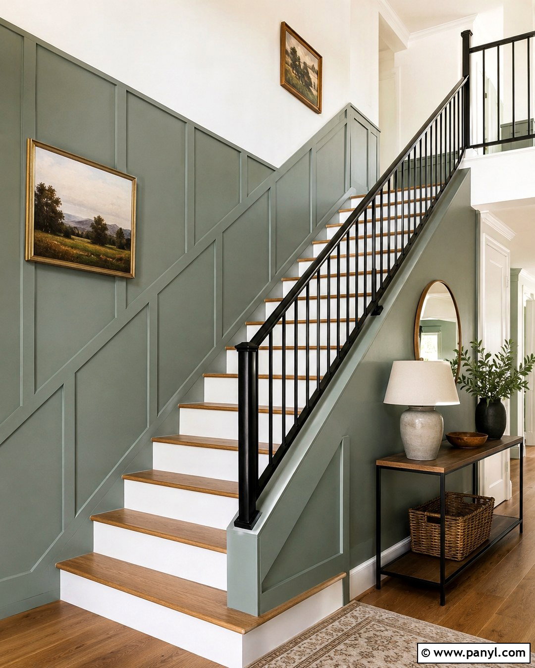 Eucalyptus Green Staircase Paneling - 20 Green Painted Paneling Ideas