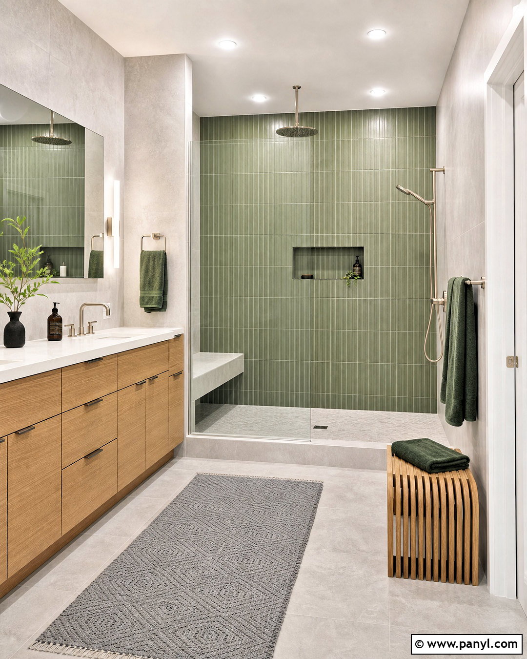 Eucalyptus Green Walk-In Shower - 20 grey and green bathroom ideas