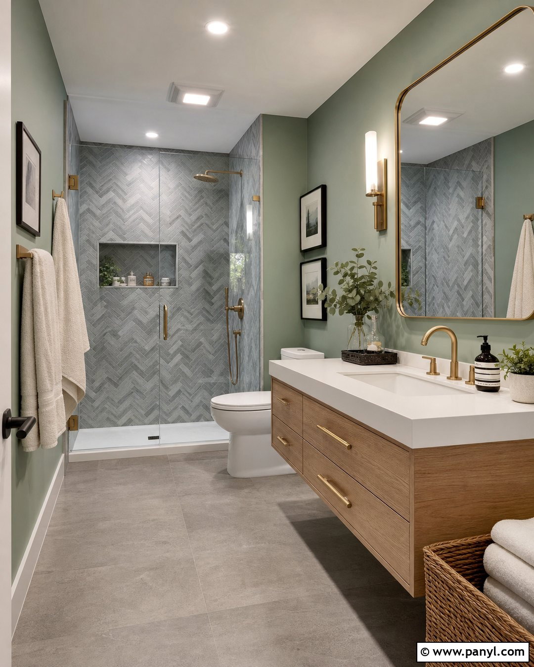 Eucalyptus Green Walls With Gray Herringbone Tiles - 20 Grey Tiles Green Walls