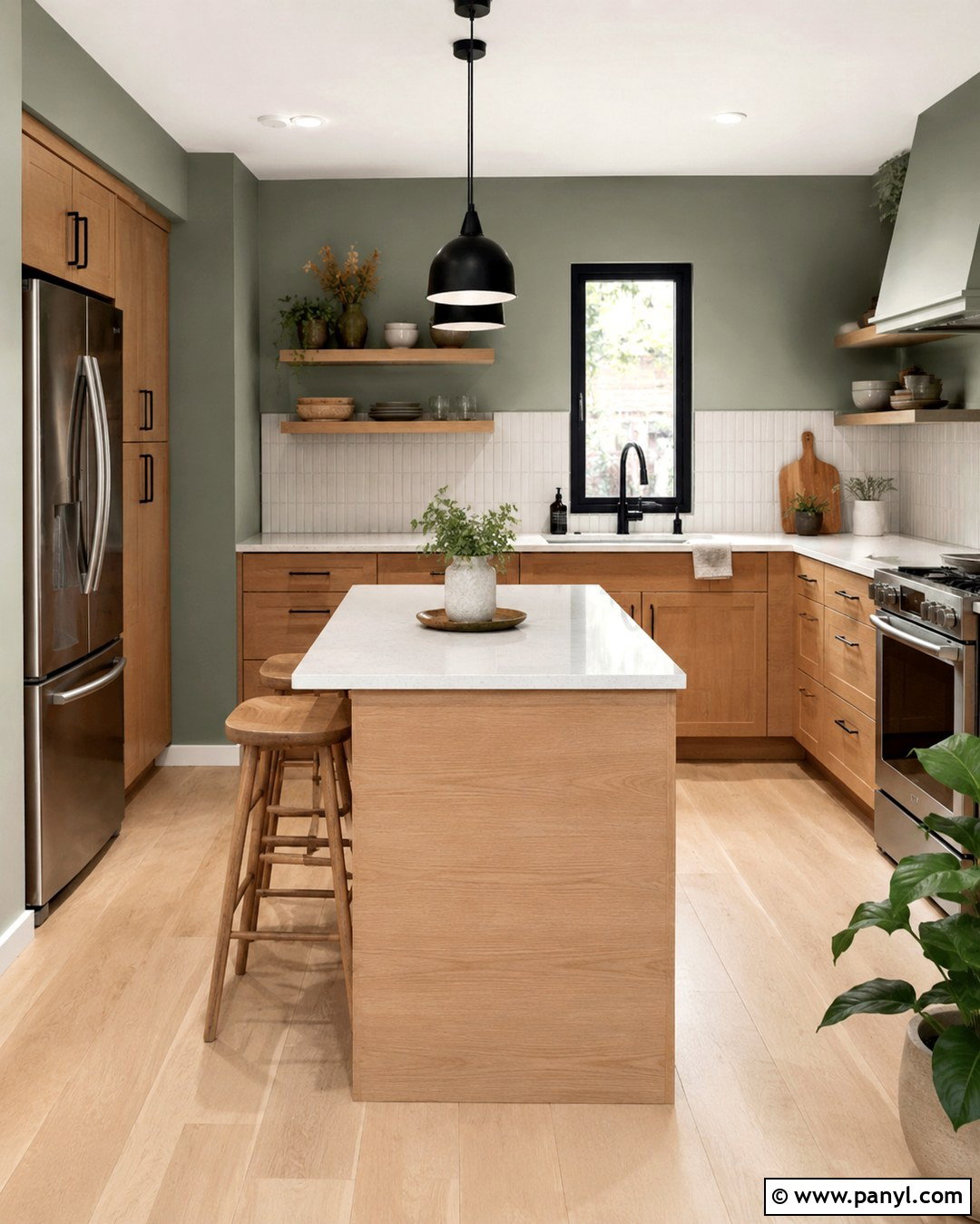 Eucalyptus Green Walls With Oak Brown Cabinets - 20 Green Wall Brown Cabinet Kitchen Ideas