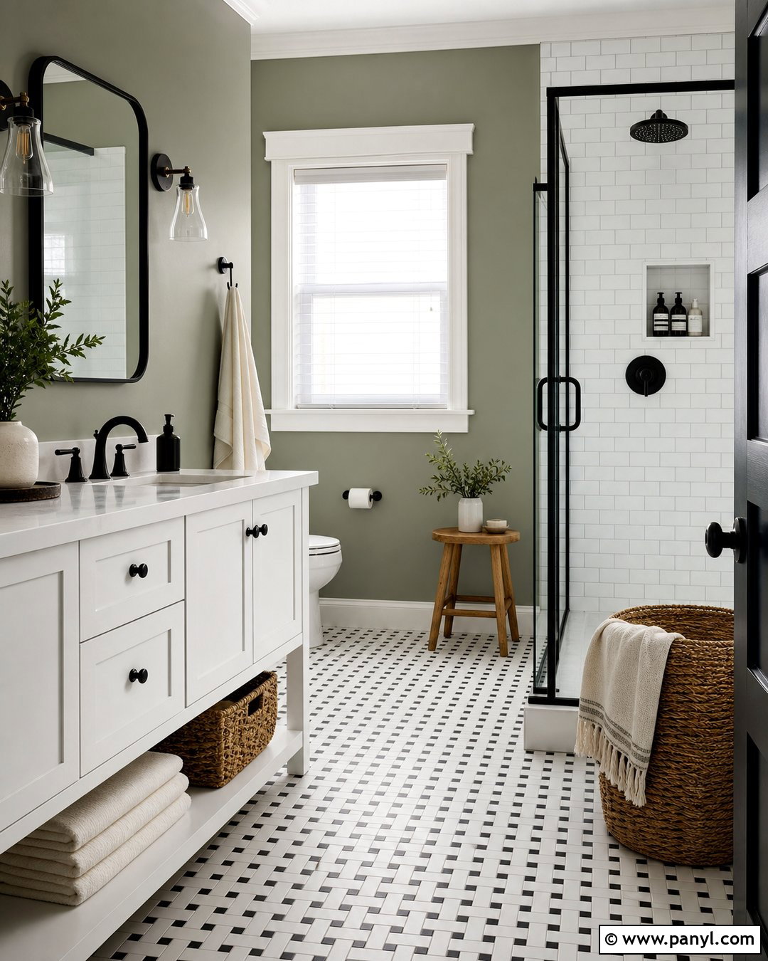 Evergreen Fog Bathroom With Black And White Tile - 30 Evergreen Fog Sherwin Williams Bathroom Ideas