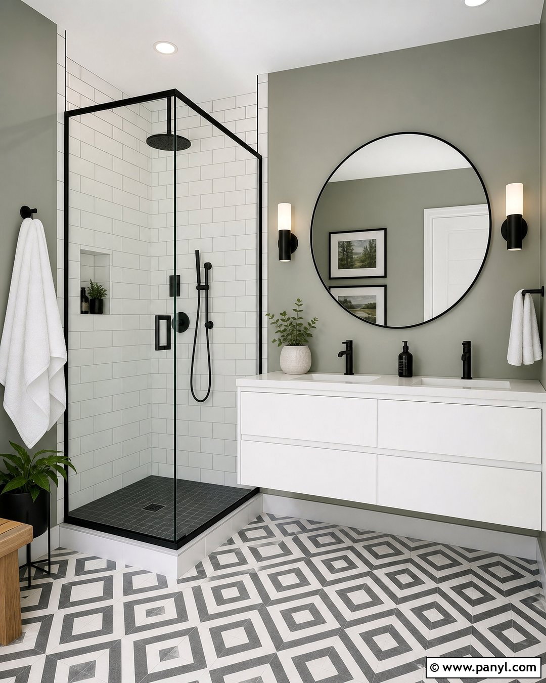 Evergreen Fog Bathroom With Black Fixtures - 30 Evergreen Fog Sherwin Williams Bathroom Ideas