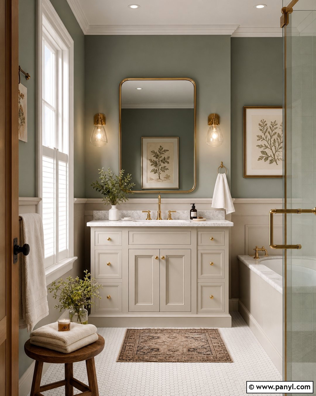 Evergreen Fog Bathroom With Brass Hardware - 30 Evergreen Fog Sherwin Williams Bathroom Ideas