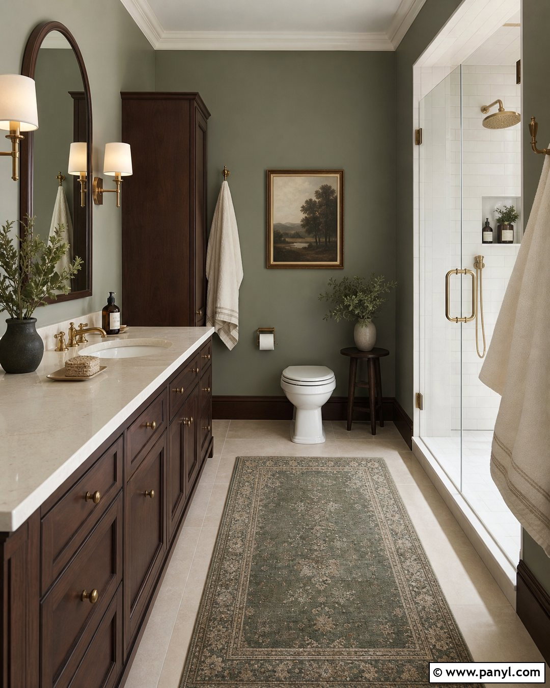 Evergreen Fog Bathroom With Dark Wood - 30 Evergreen Fog Sherwin Williams Bathroom Ideas