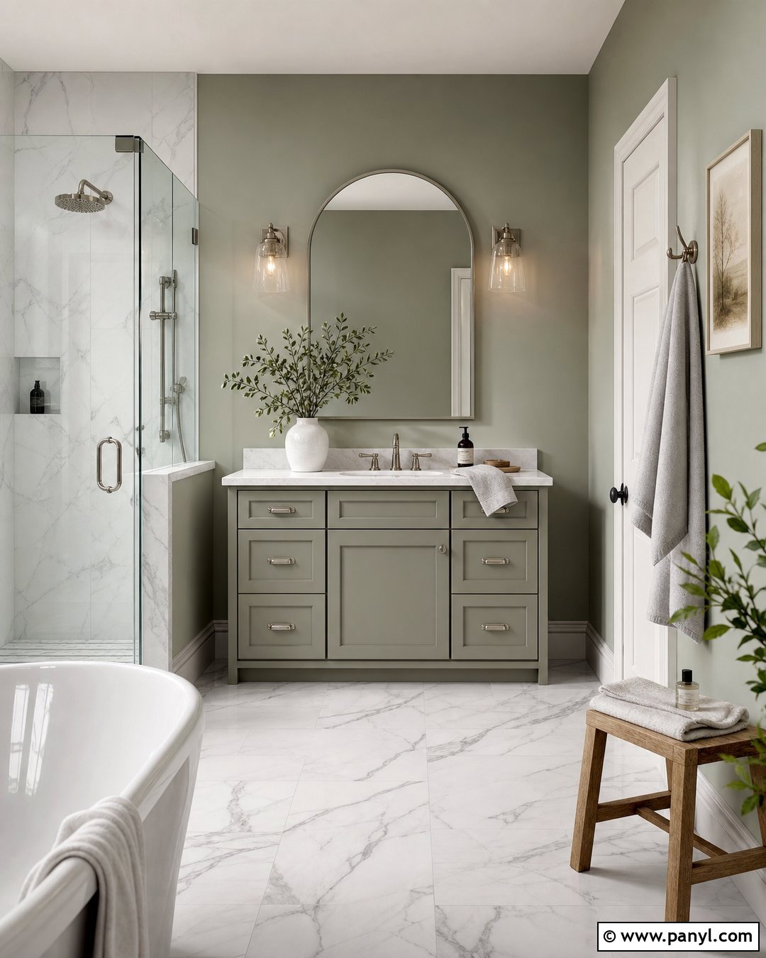 Evergreen Fog Bathroom With Marble Tile - 30 Evergreen Fog Sherwin Williams Bathroom Ideas