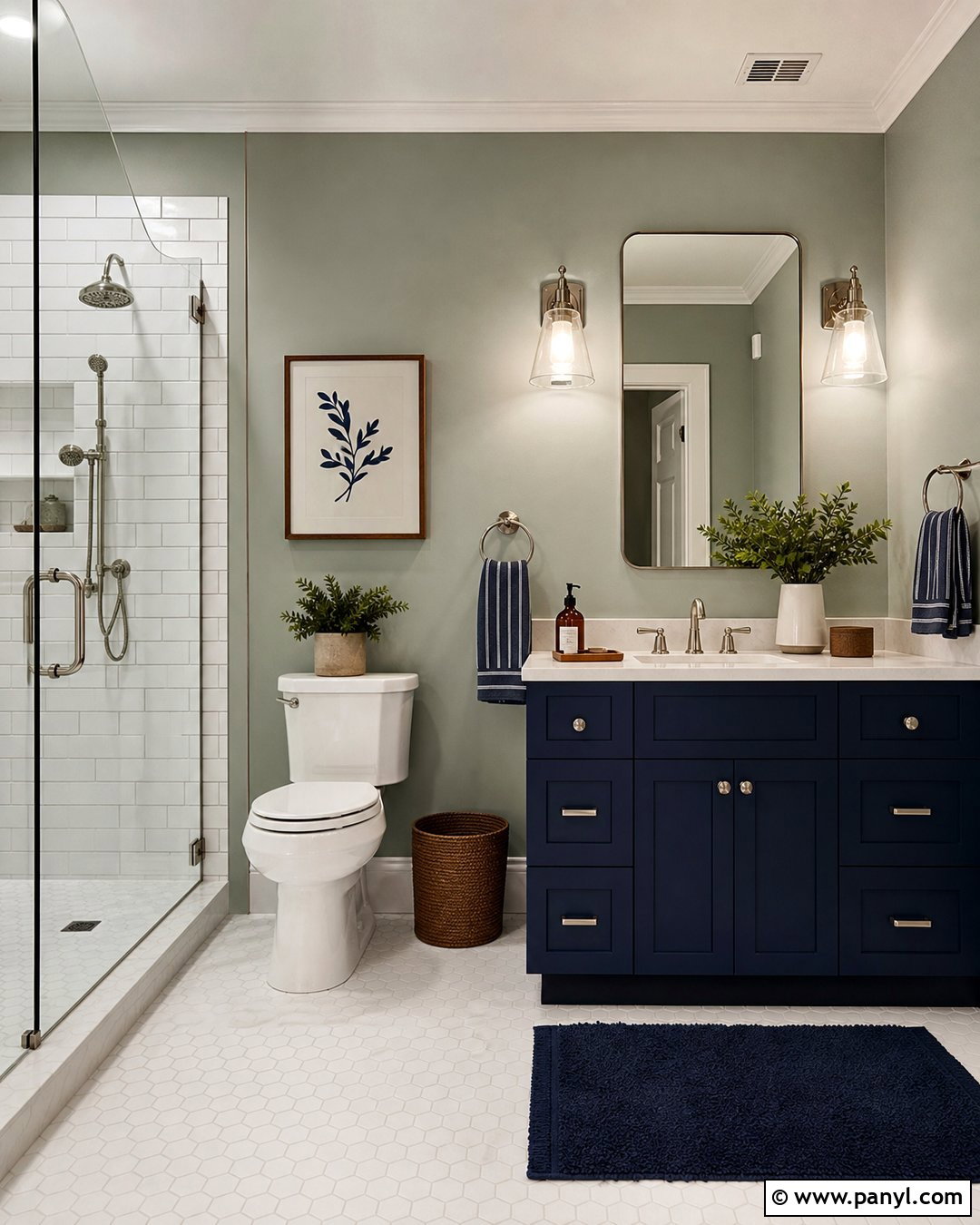 Evergreen Fog Bathroom With Navy Accents - 30 Evergreen Fog Sherwin Williams Bathroom Ideas