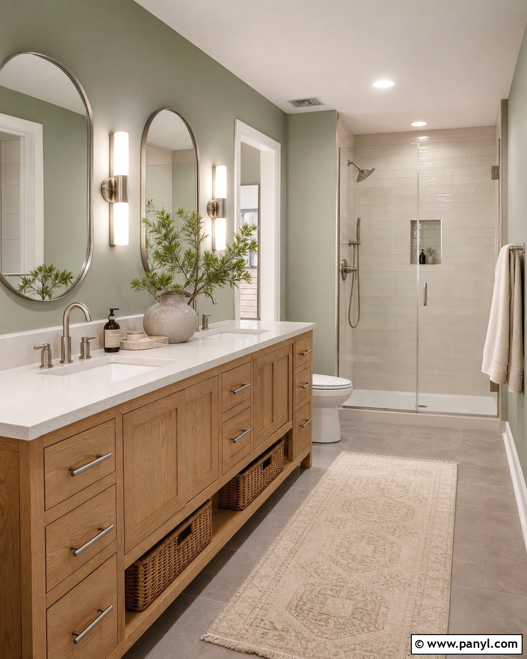 Evergreen Fog Bathroom With Oak Cabinets - 30 Evergreen Fog Sherwin Williams Bathroom Ideas