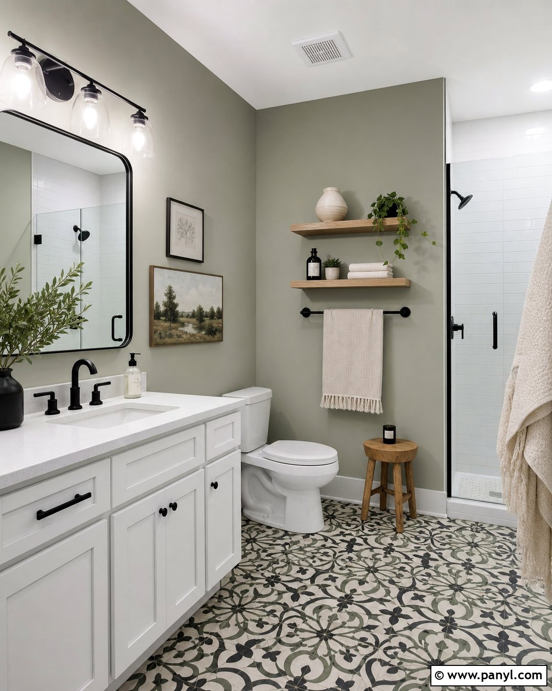 Evergreen Fog Bathroom With Patterned Tile - 30 Evergreen Fog Sherwin Williams Bathroom Ideas