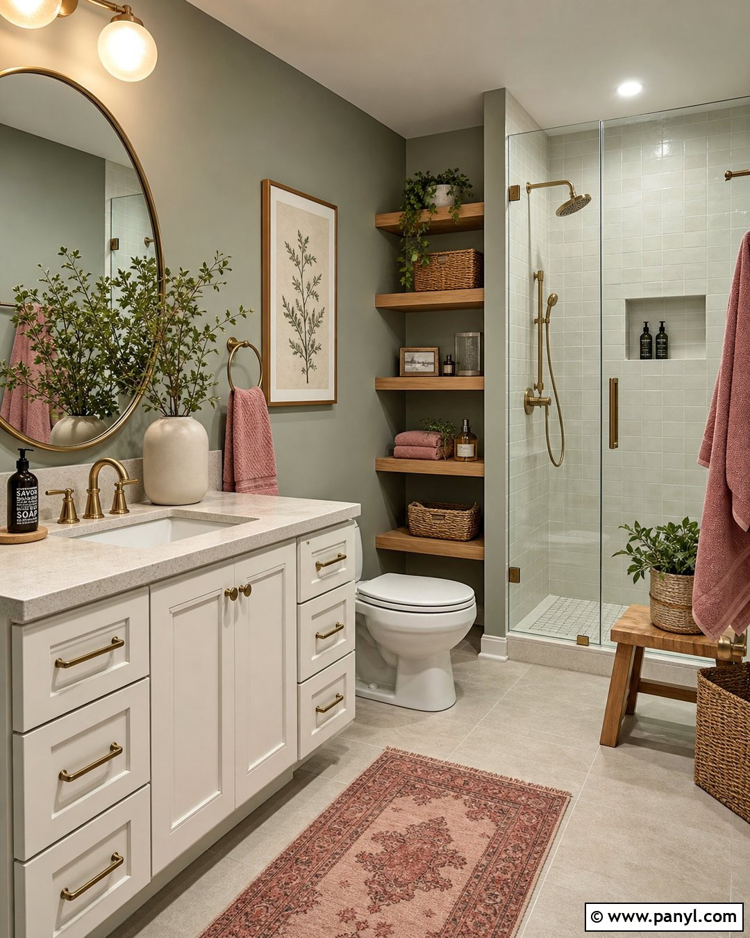 Evergreen Fog Bathroom With Pink Accents - 30 Evergreen Fog Sherwin Williams Bathroom Ideas
