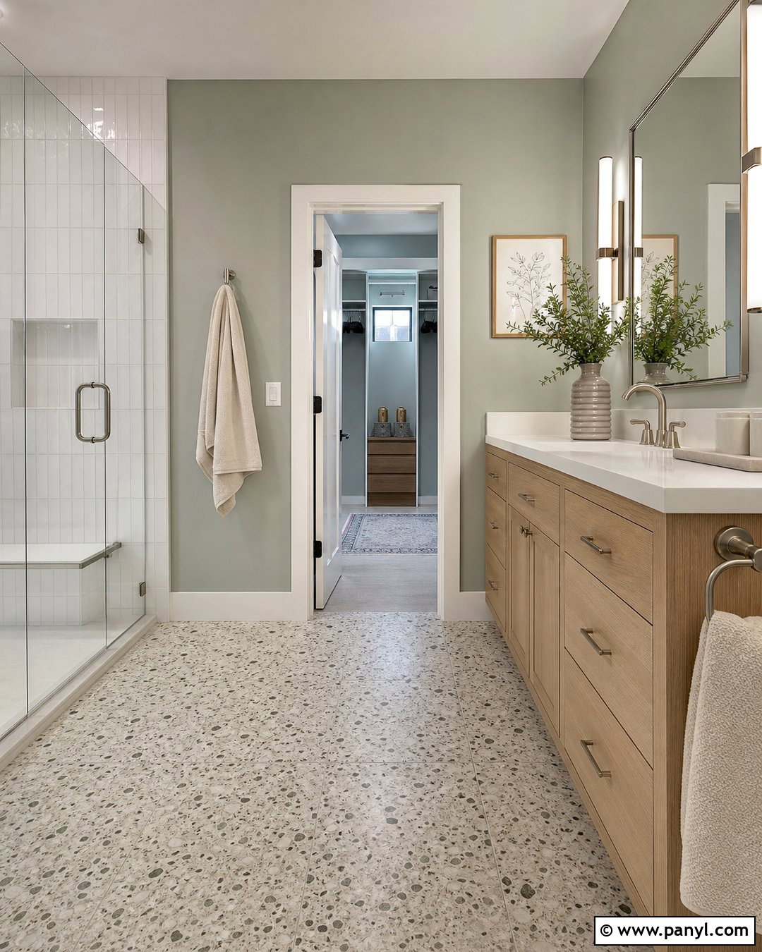Evergreen Fog Bathroom With Terrazzo Floor - 30 Evergreen Fog Sherwin Williams Bathroom Ideas