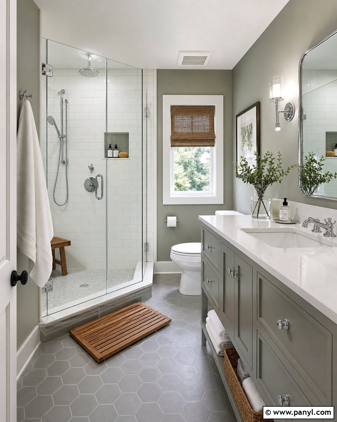 Evergreen Fog Bathroom With White Subway Tile - 30 Evergreen Fog Sherwin Williams Bathroom Ideas