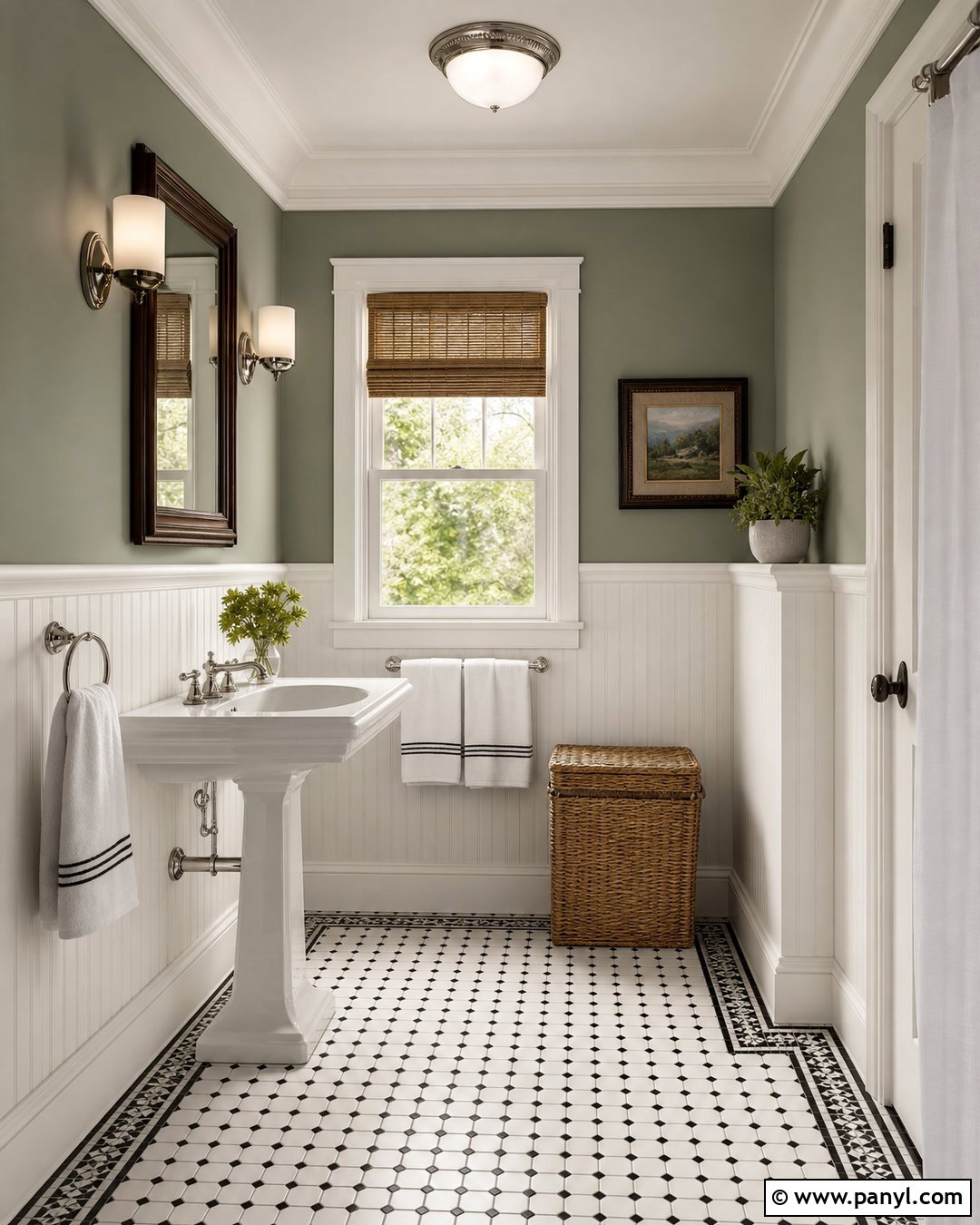 Evergreen Fog Bathroom With White Wainscoting - 30 Evergreen Fog Sherwin Williams Bathroom Ideas