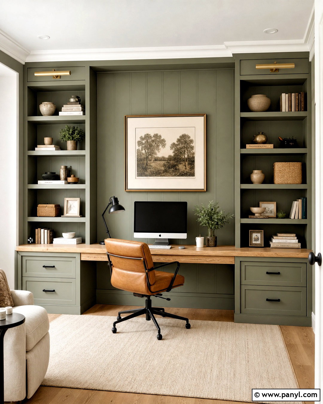 Evergreen Fog Home Office Built-In Wall - 20 evergreen fog accent wall ideas