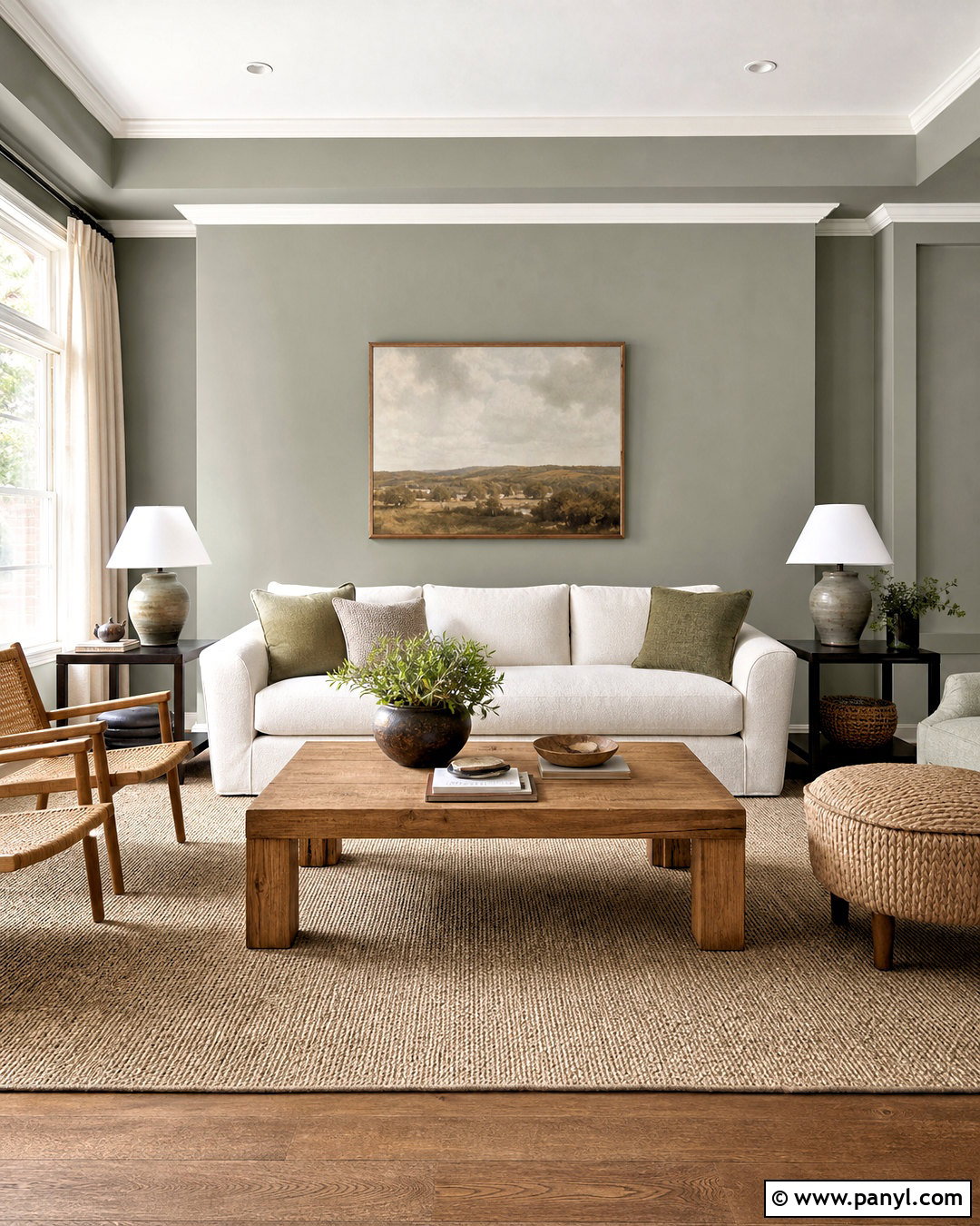 Evergreen Fog Living Room With Warm White Trim - 20 evergreen fog living room ideas