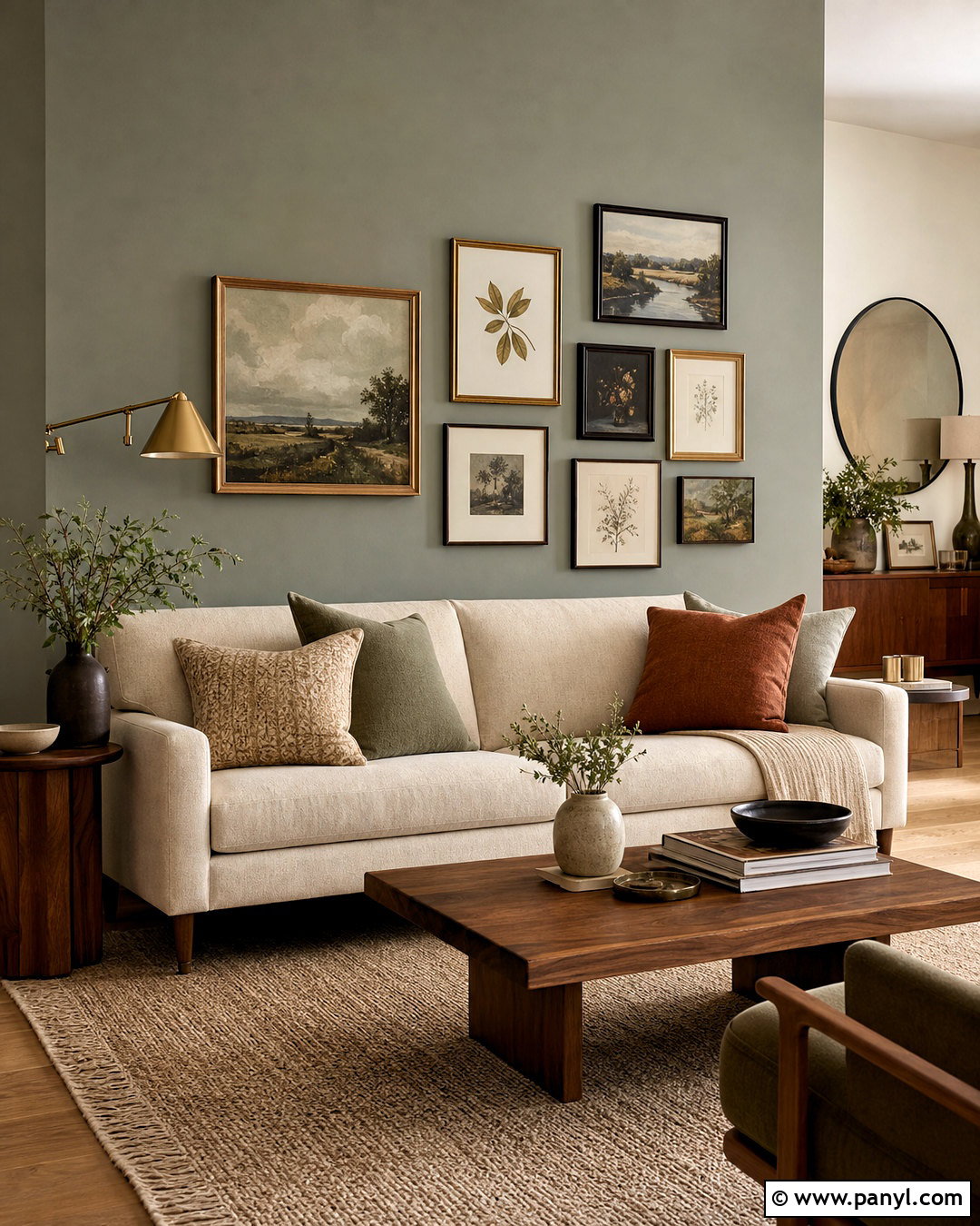 Evergreen Fog Sofa Gallery Wall - 20 evergreen fog accent wall ideas