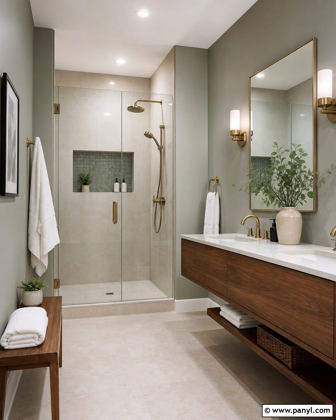 Evergreen Fog Walk-In Shower Bathroom - 30 Evergreen Fog Sherwin Williams Bathroom Ideas