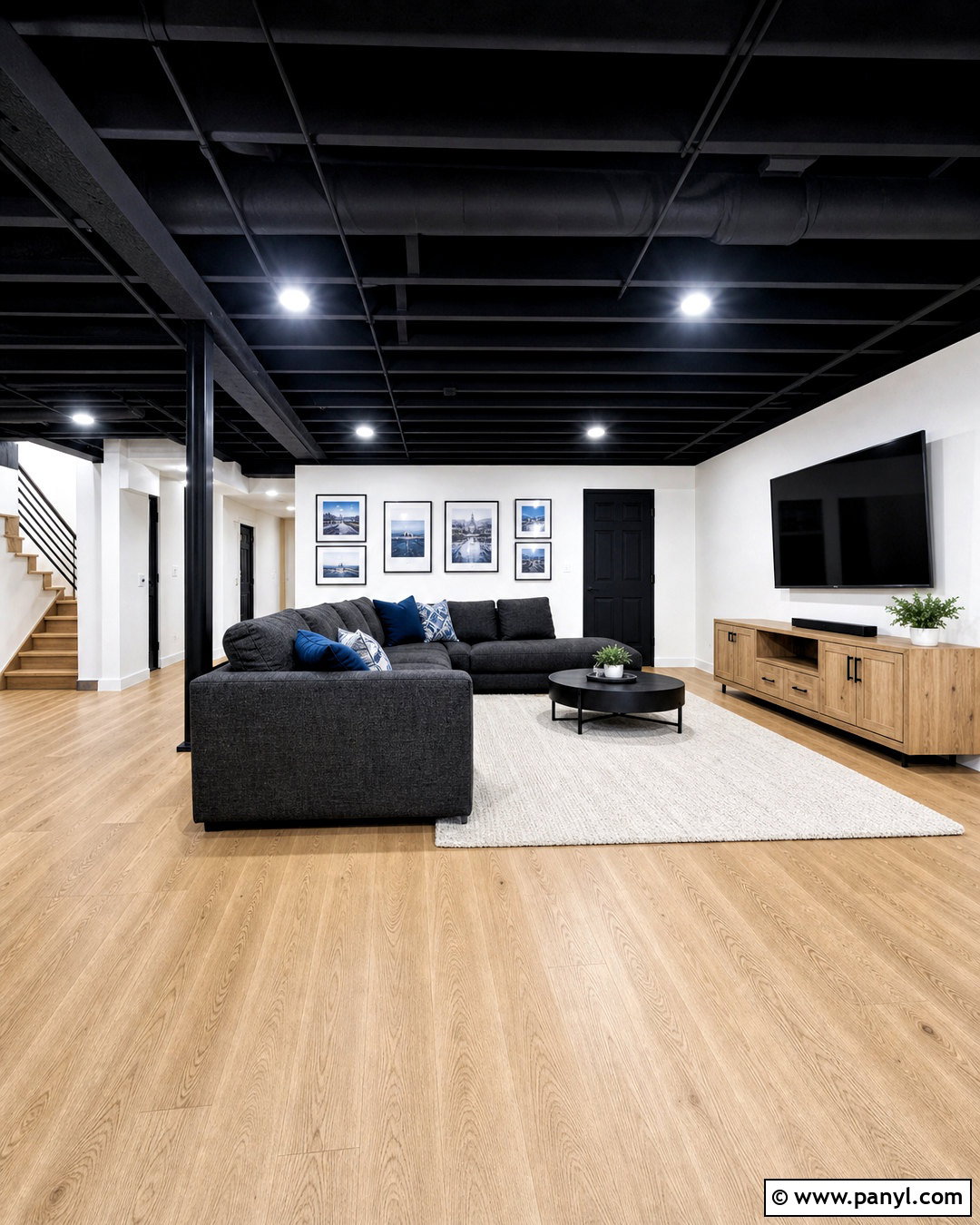Exposed Black Ceiling With White Walls - 20 basement with black ceiling ideas