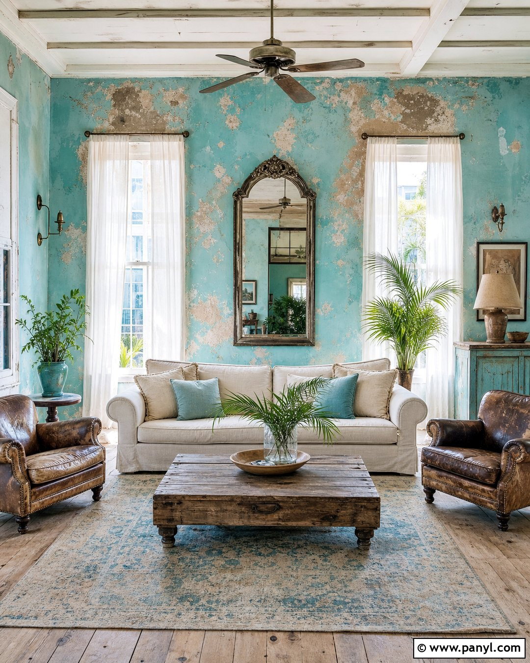 Faded Turquoise Living Room - 20 Blue Wall Decayed Room Ideas