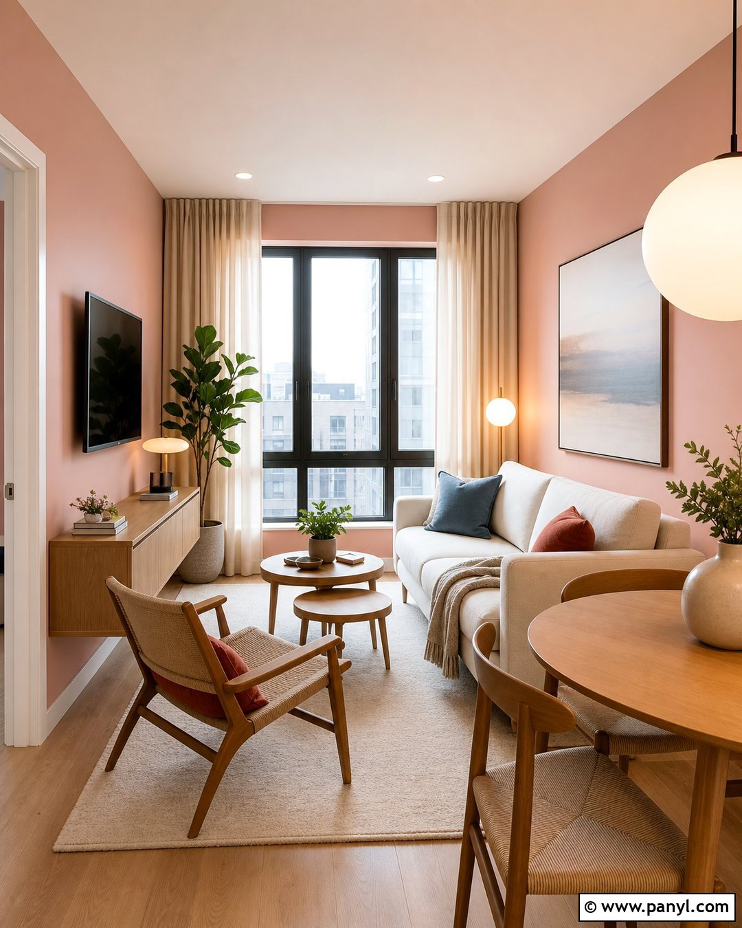 Faint Coral Apartment Living Room With Small Furniture - 20 Sherwin Williams Faint Coral Walls