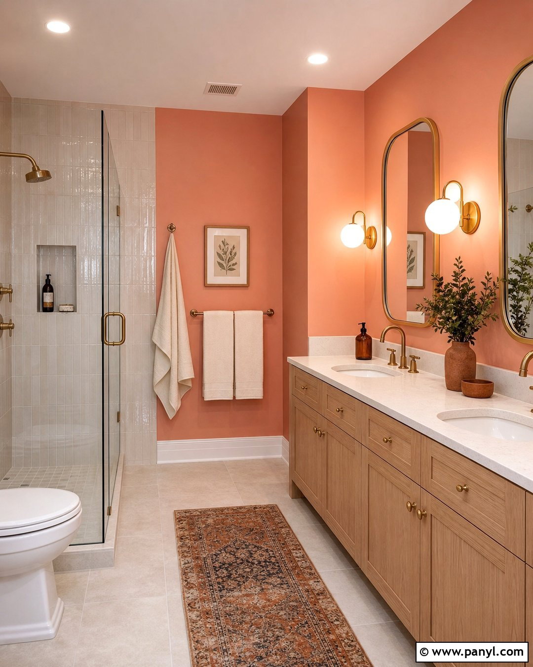 Faint Coral Bathroom With Cream Tile - 20 Sherwin Williams Faint Coral Walls