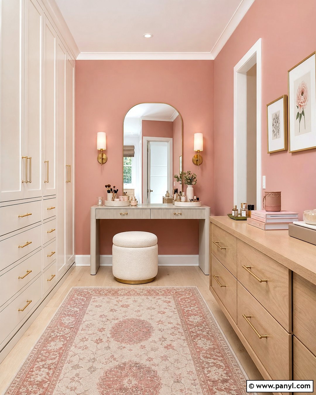 Faint Coral Dressing Room With Brass Details - 20 Sherwin Williams Faint Coral Walls