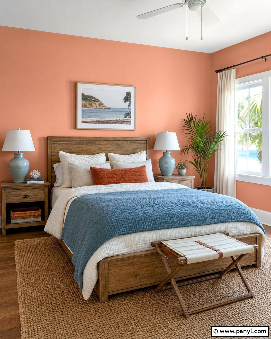 Faint Coral Guest Room With Dusty Blue Bedding - 20 Sherwin Williams Faint Coral Walls